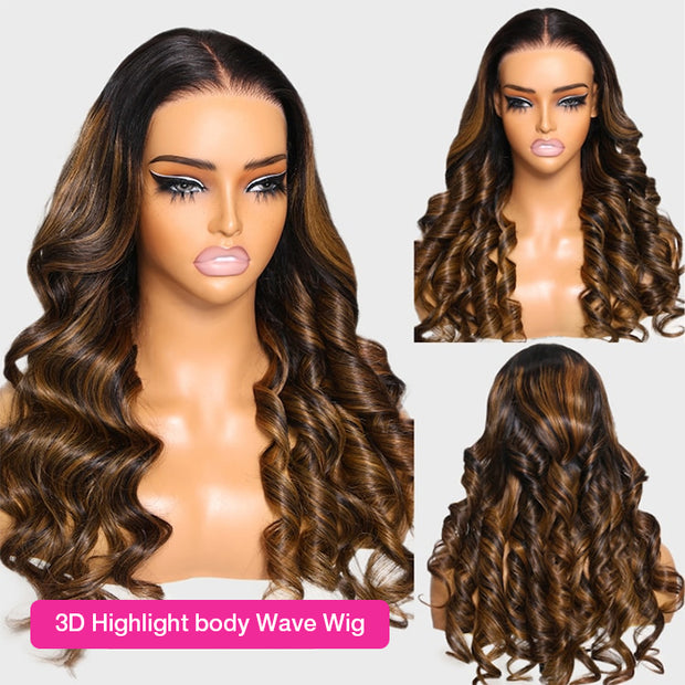 Pre All|Glueless 3D Body Wave Highlights Ombre Brown 13X4 Pre Cut HD Lace Wigs Pre Bleached Pre Plucked Human Hair Wig