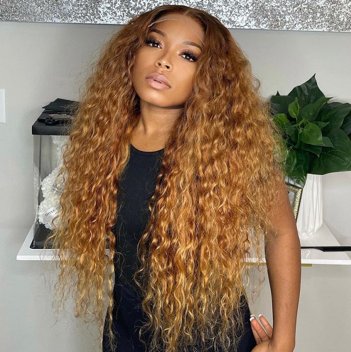 Deep Wave Ombre Honey Blonde Wig With Dark Roots Pre-Cut HD Lace Wear And Go Wig