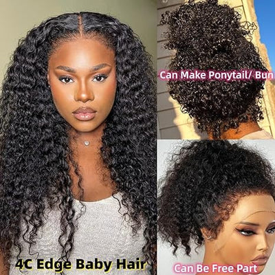 4C Edges Glueless 360 Lace Frontal Wigs With Hidden Elastic Strap Curly Affordable Snug Fit Human Hair Wigs