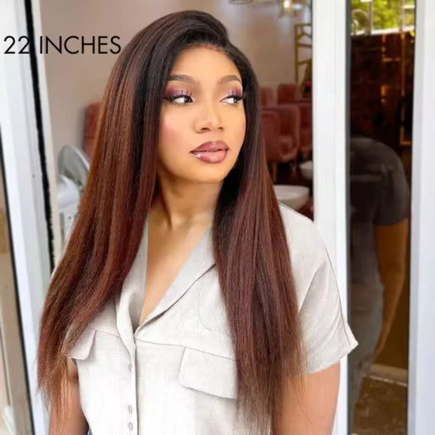 Kinky Edges Ombre Auburn Color Kinky Straight Lace Wig Quality Glueless HD Lace Human Hair Wig For Black Women