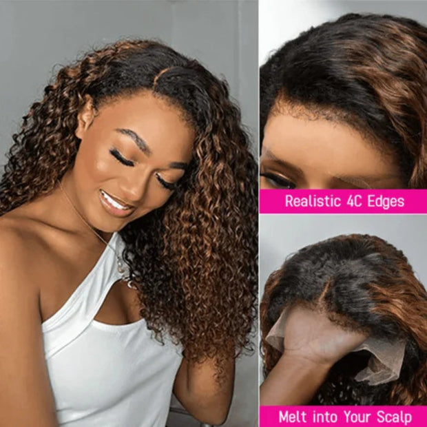 4C Edges Copper Brown Highlight Curly Lace Wig Quality Glueless HD Lace Human Hair Wig For Black Women