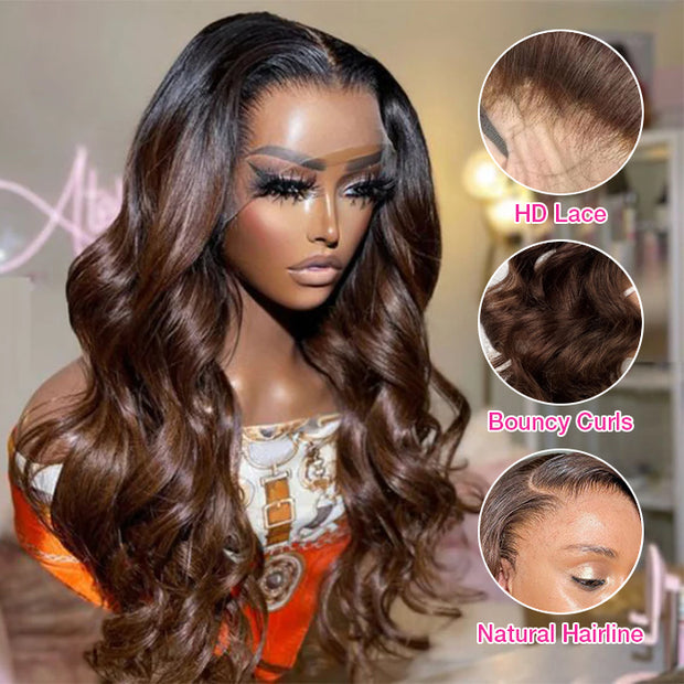 Ombre Chestnut Brown Body Wave Glueless Wig With Dark Roots Put On & Go 13x4 Pre Cut Lace Front Wig