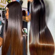 Pre-Bleached Black And Rich Brown Ombre Color Pre Cut Lace Wig 8x5 Glueless Human Hair Wig