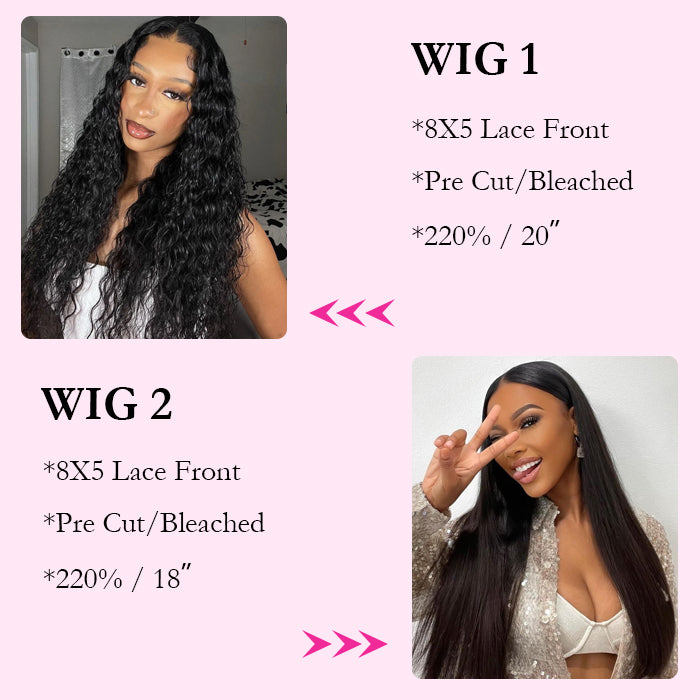 2 Wigs=$189|20 Inch 8X5 Pre Cut HD Lace Water Wave+18 Inch 8X5 Pre Cut HD Lace Straight Wig