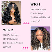 2 Wigs=$159|18 Inche 5X5 Pre Cut Lace Body Wave Wig With Curtain Bangs+16 Inches 5X5 Pre Cut Lace Highlight Curly Wig