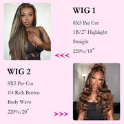 2 Wigs=$189|18 Inches 8X5 HD Lace Highlight Straight Wig+20'' Brown 8x5 HD Lace Body Wave Wig