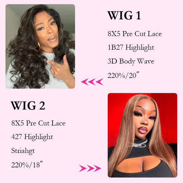 2 Wigs=$189|20 Inch 8X5 Pre Cut Lace 1B27 Body Wave+18 Inch 8X5 Pre Cut Lace 427 Straight