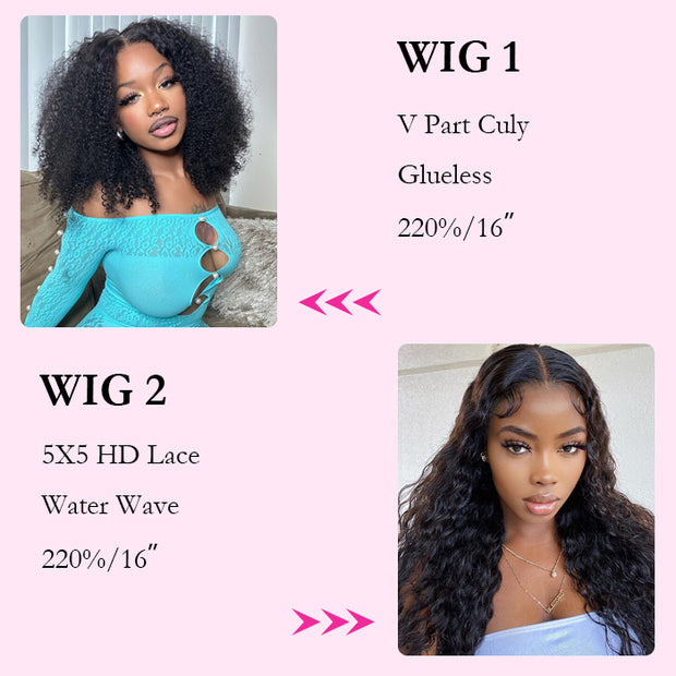 2 Wigs=$129|16 Inch Curly Wear Go V Part Wig +16 Inch 5X5 Lace Water Wave Wig