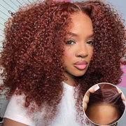 250% Reddish Brown Glueless Deep Curly Pre-cut HD Lace Wig Upgrade 8X5 Lace Short Layered Cut Bouncy And Fluffy Curly Wig