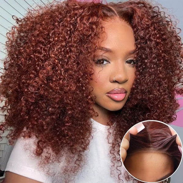 250% Reddish Brown Glueless Deep Curly Pre-cut HD Lace Wig Upgrade 8X5 Lace Short Layered Cut Bouncy And Fluffy Curly Wig