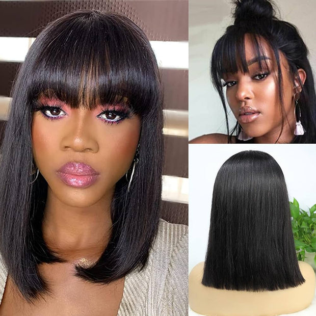 2 Wigs=$89| 12” Highlights Deep Wave 4X4 Lace Wig + 12” Straight Glueless Wig With Bangs Machine Made