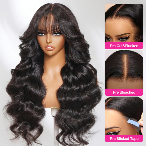 Pre All| Wispy Bangs Glueless Bouncy Body Wave HD Lace Wig Pre Cut Pre Bleached Natural Human Hair Wigs