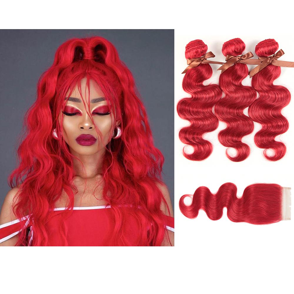 Red Brazilian Body Wave Bundles With Closure Remy Hair Weave Bunldes Hair Extensions