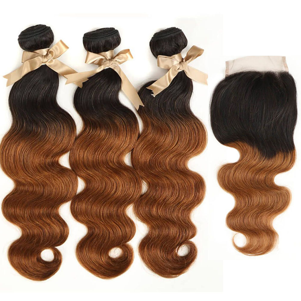 Body Wave Bundles With Closure Remy Human Hair 3 bundles with 4*4 Lace Closure Ombre Brown Color T1B/30