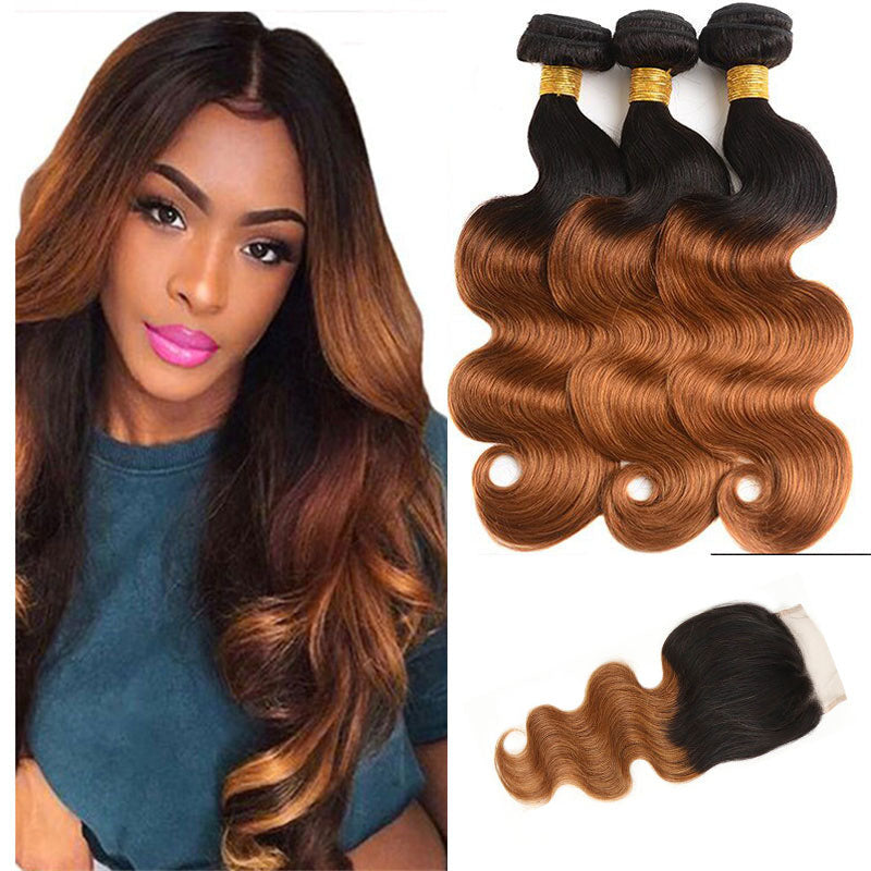 Body Wave Bundles With Closure Remy Human Hair 3 bundles with 4*4 Lace Closure Ombre Brown Color T1B/30